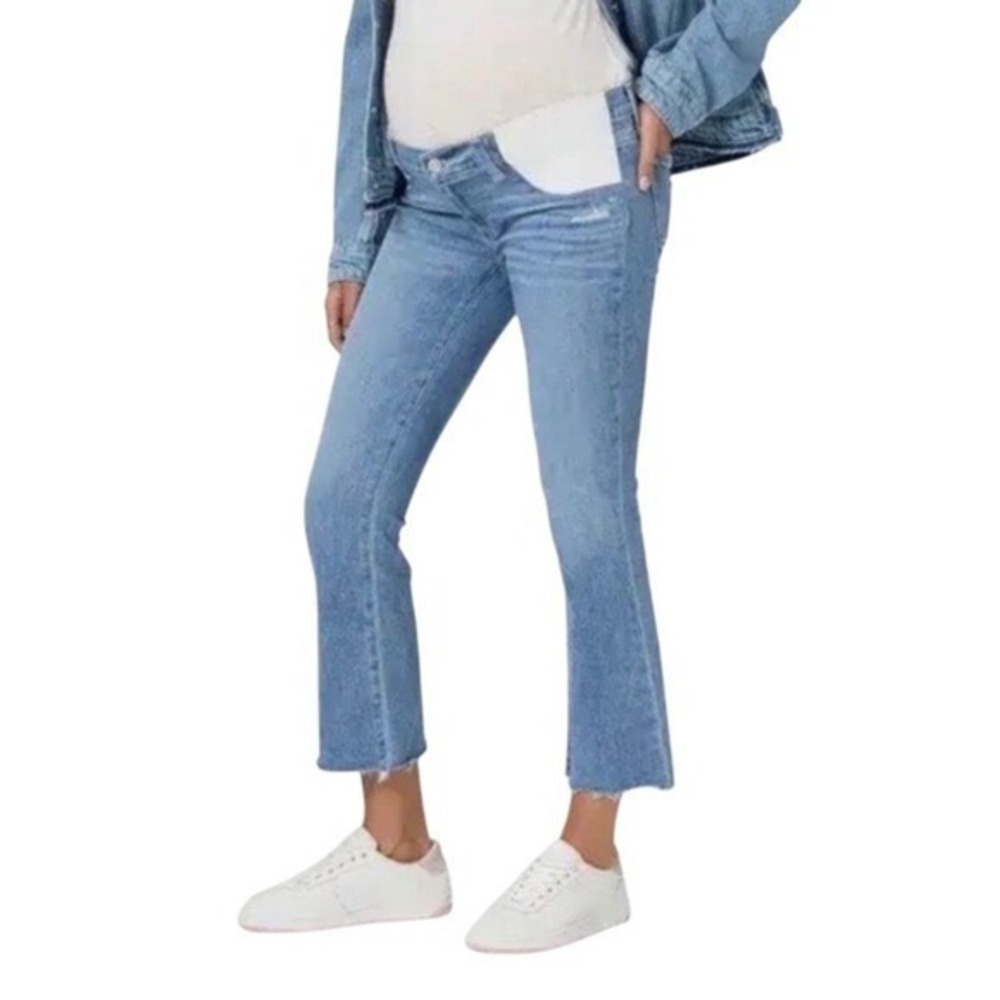 PAIGE Colette Crop Flare Maternity Jeans Size 30 Blue Excellent Raw Hem Distress
